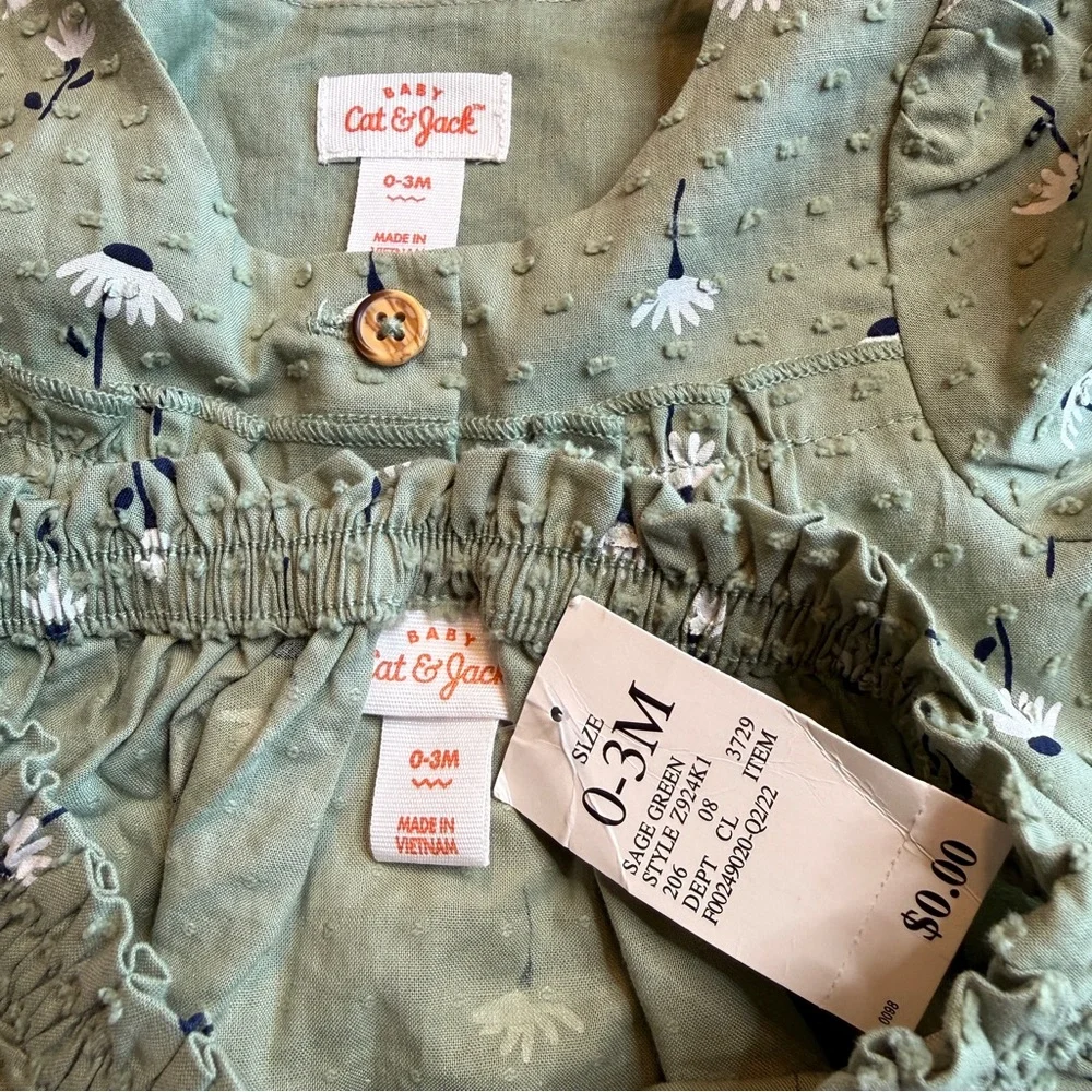 Cat & Jack Green Daisy Set, Dress/Top and Diaper Cover 0-3M, NWT
